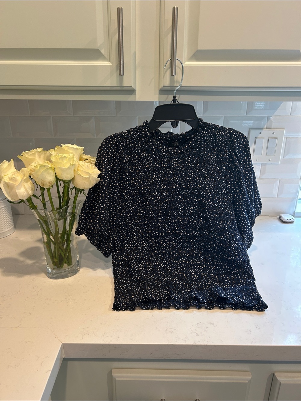 J. Crew Black Smocked Short-Sleeve Blouse with White Dot Print